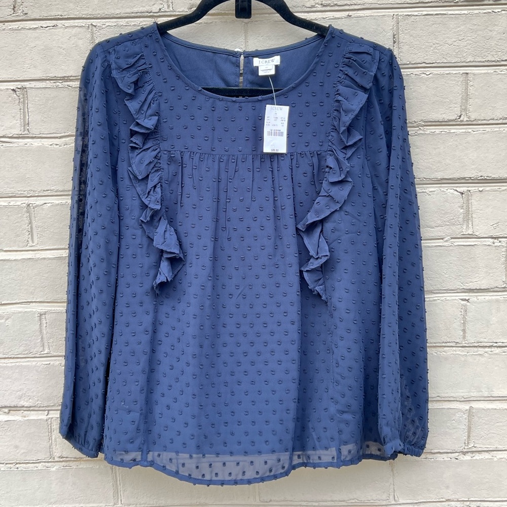 NWT J.Crew Size 10 Navy Blue Textured Ruffled Blouse